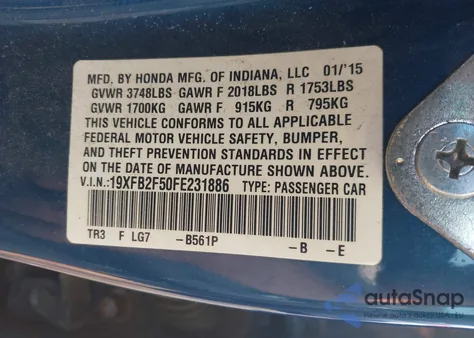 2015 Honda Civic Lx z USA, uszkodzony, nr VIN 19XFB2F50FE231886
